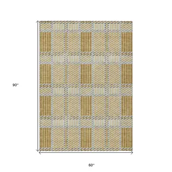 5' X 8' Gold Brown And Gray Plaid Washable Indoor Outdoor Area Rug