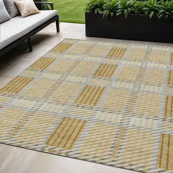 5' X 8' Gold Brown And Gray Plaid Washable Indoor Outdoor Area Rug