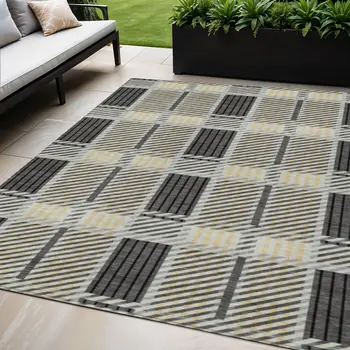 5' X 8' Gray Charcoal And Black Plaid Washable Indoor Outdoor Area Rug