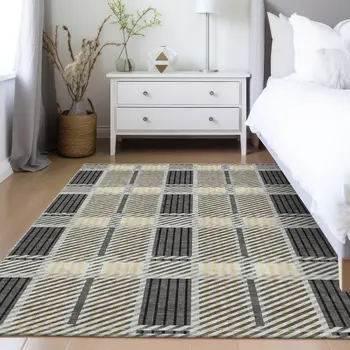 5' X 8' Gray Charcoal And Black Plaid Washable Indoor Outdoor Area Rug