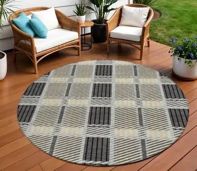 8' Gray Charcoal And Black Round Plaid Washable Indoor Outdoor Area Rug
