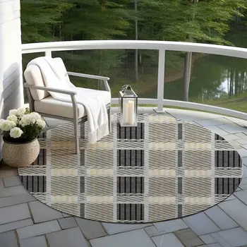8' Gray Charcoal And Black Round Plaid Washable Indoor Outdoor Area Rug
