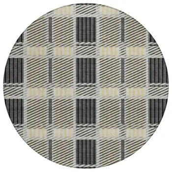 8' Gray Charcoal And Black Round Plaid Washable Indoor Outdoor Area Rug