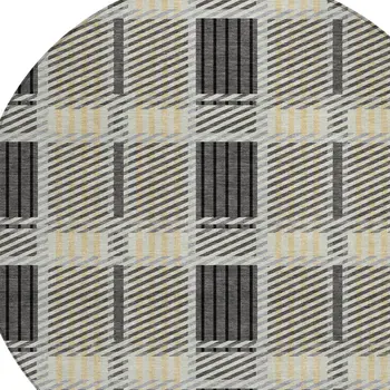 8' Gray Charcoal And Black Round Plaid Washable Indoor Outdoor Area Rug