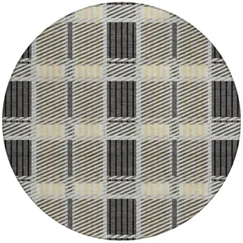 8' Gray Charcoal And Black Round Plaid Washable Indoor Outdoor Area Rug