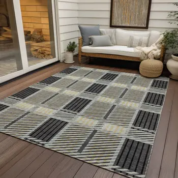 8' X 10' Gray Charcoal And Black Plaid Washable Indoor Outdoor Area Rug