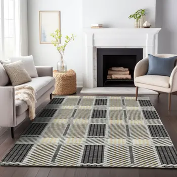 8' X 10' Gray Charcoal And Black Plaid Washable Indoor Outdoor Area Rug