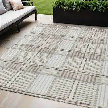 5' X 8' Ivory Gray And Brown Plaid Washable Indoor Outdoor Area Rug