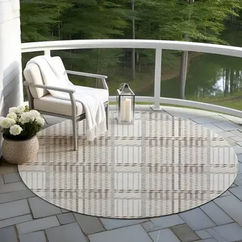 8' Ivory Gray And Brown Round Plaid Washable Indoor Outdoor Area Rug