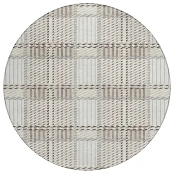 8' Ivory Gray And Brown Round Plaid Washable Indoor Outdoor Area Rug