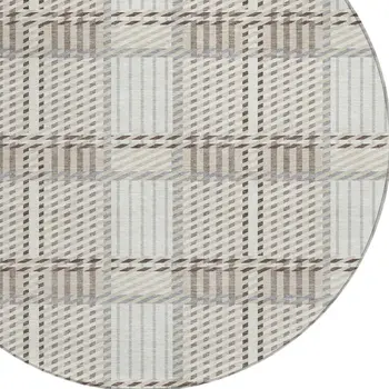 8' Ivory Gray And Brown Round Plaid Washable Indoor Outdoor Area Rug
