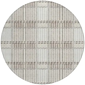 8' Ivory Gray And Brown Round Plaid Washable Indoor Outdoor Area Rug