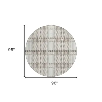 8' Ivory Gray And Brown Round Plaid Washable Indoor Outdoor Area Rug