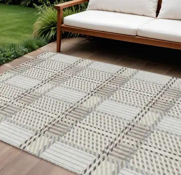10' X 14' Ivory Gray And Brown Plaid Washable Indoor Outdoor Area Rug