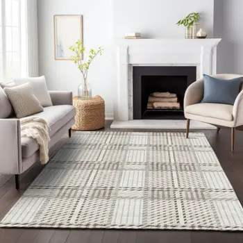 10' X 14' Ivory Gray And Brown Plaid Washable Indoor Outdoor Area Rug