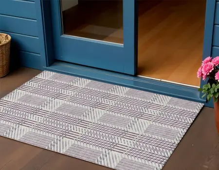 3' X 5' Lavender Ivory And Gray Plaid Washable Indoor Outdoor Area Rug