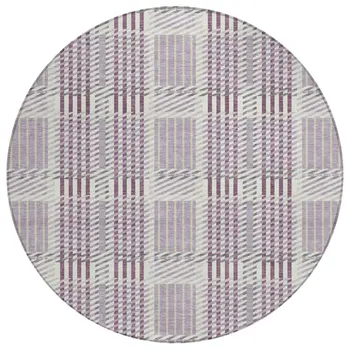 8' Lavender Ivory And Gray Round Plaid Washable Indoor Outdoor Area Rug