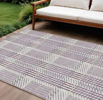 8' X 10' Lavender Ivory And Gray Plaid Washable Indoor Outdoor Area Rug