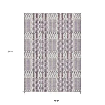9' X 12' Lavender Ivory And Gray Plaid Washable Indoor Outdoor Area Rug