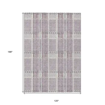10' X 14' Lavender Ivory And Gray Plaid Washable Indoor Outdoor Area Rug