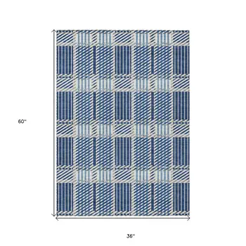 3' X 5' Navy Blue Ivory And Gray Plaid Washable Indoor Outdoor Area Rug