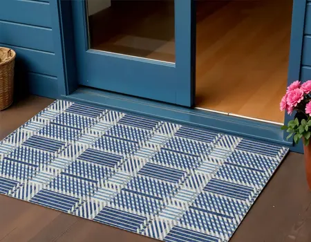 3' X 5' Navy Blue Ivory And Gray Plaid Washable Indoor Outdoor Area Rug