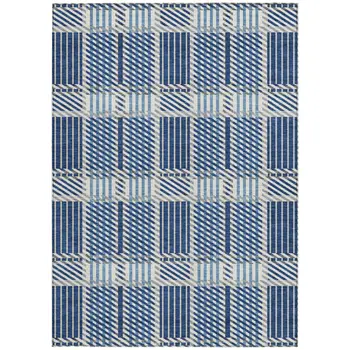 3' X 5' Navy Blue Ivory And Gray Plaid Washable Indoor Outdoor Area Rug
