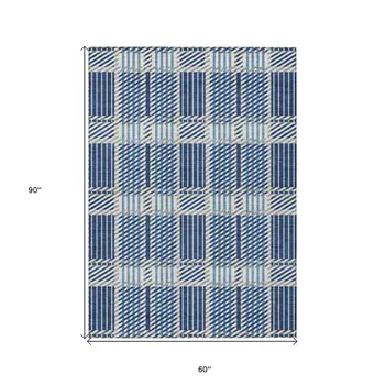 5' X 8' Navy Blue Ivory And Gray Plaid Washable Indoor Outdoor Area Rug