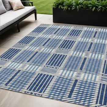 5' X 8' Navy Blue Ivory And Gray Plaid Washable Indoor Outdoor Area Rug