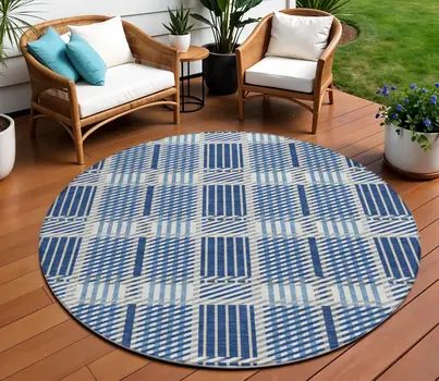 8' Navy Blue Ivory And Gray Round Plaid Washable Indoor Outdoor Area Rug