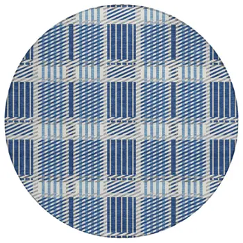 8' Navy Blue Ivory And Gray Round Plaid Washable Indoor Outdoor Area Rug