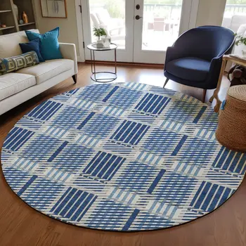 8' Navy Blue Ivory And Gray Round Plaid Washable Indoor Outdoor Area Rug