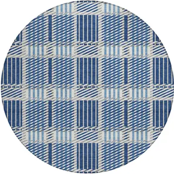8' Navy Blue Ivory And Gray Round Plaid Washable Indoor Outdoor Area Rug