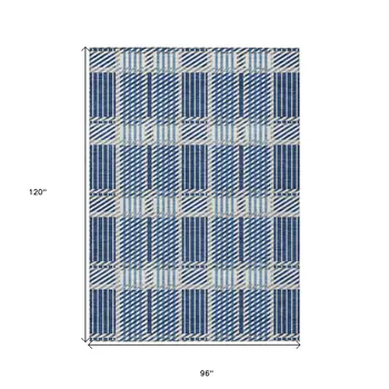 8' X 10' Navy Blue Ivory And Gray Plaid Washable Indoor Outdoor Area Rug