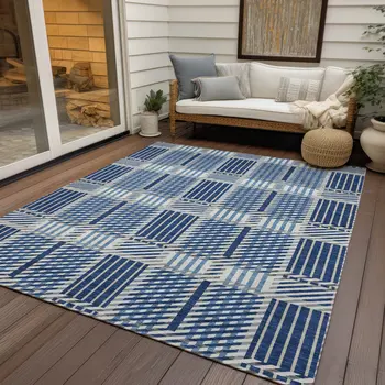 8' X 10' Navy Blue Ivory And Gray Plaid Washable Indoor Outdoor Area Rug
