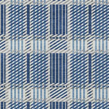 8' X 10' Navy Blue Ivory And Gray Plaid Washable Indoor Outdoor Area Rug