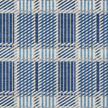 9' X 12' Navy Blue Ivory And Gray Plaid Washable Indoor Outdoor Area Rug