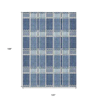 10' X 14' Navy Blue Ivory And Gray Plaid Washable Indoor Outdoor Area Rug