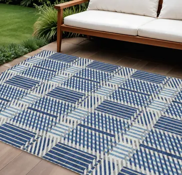 10' X 14' Navy Blue Ivory And Gray Plaid Washable Indoor Outdoor Area Rug