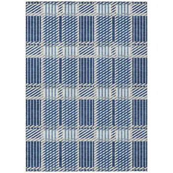 10' X 14' Navy Blue Ivory And Gray Plaid Washable Indoor Outdoor Area Rug