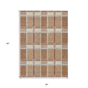 3' X 5' Copper Gold And Gray Plaid Washable Indoor Outdoor Area Rug