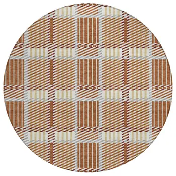 8' Copper Gold And Gray Round Plaid Washable Indoor Outdoor Area Rug