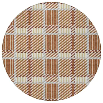 8' Copper Gold And Gray Round Plaid Washable Indoor Outdoor Area Rug