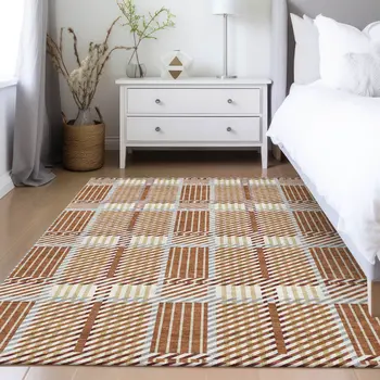 8' X 10' Copper Gold And Gray Plaid Washable Indoor Outdoor Area Rug