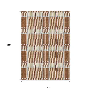 9' X 12' Copper Gold And Gray Plaid Washable Indoor Outdoor Area Rug