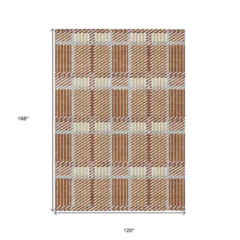 10' X 14' Copper Gold And Gray Plaid Washable Indoor Outdoor Area Rug