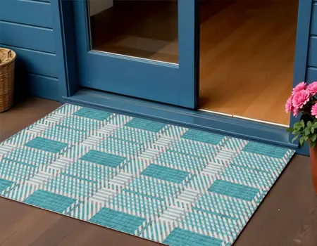 3' X 5' Teal Blue Gray And Ivory Plaid Washable Indoor Outdoor Area Rug
