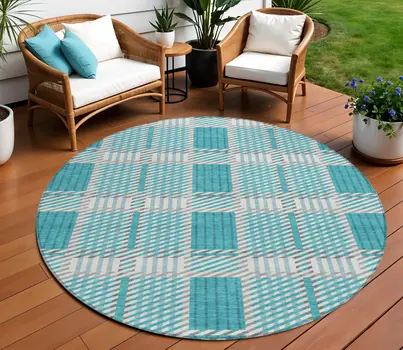 8' Teal Blue Gray And Ivory Round Plaid Washable Indoor Outdoor Area Rug