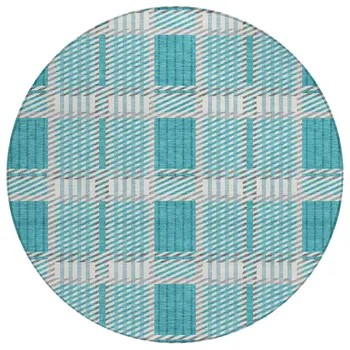 8' Teal Blue Gray And Ivory Round Plaid Washable Indoor Outdoor Area Rug