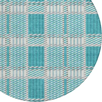 8' Teal Blue Gray And Ivory Round Plaid Washable Indoor Outdoor Area Rug